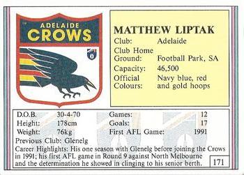 1992 AFL Regina #171 Matthew Liptak Back